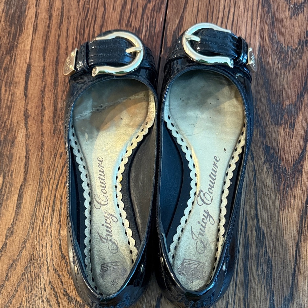 Juicy Couture Black Patent Loafers with Gold Buckle